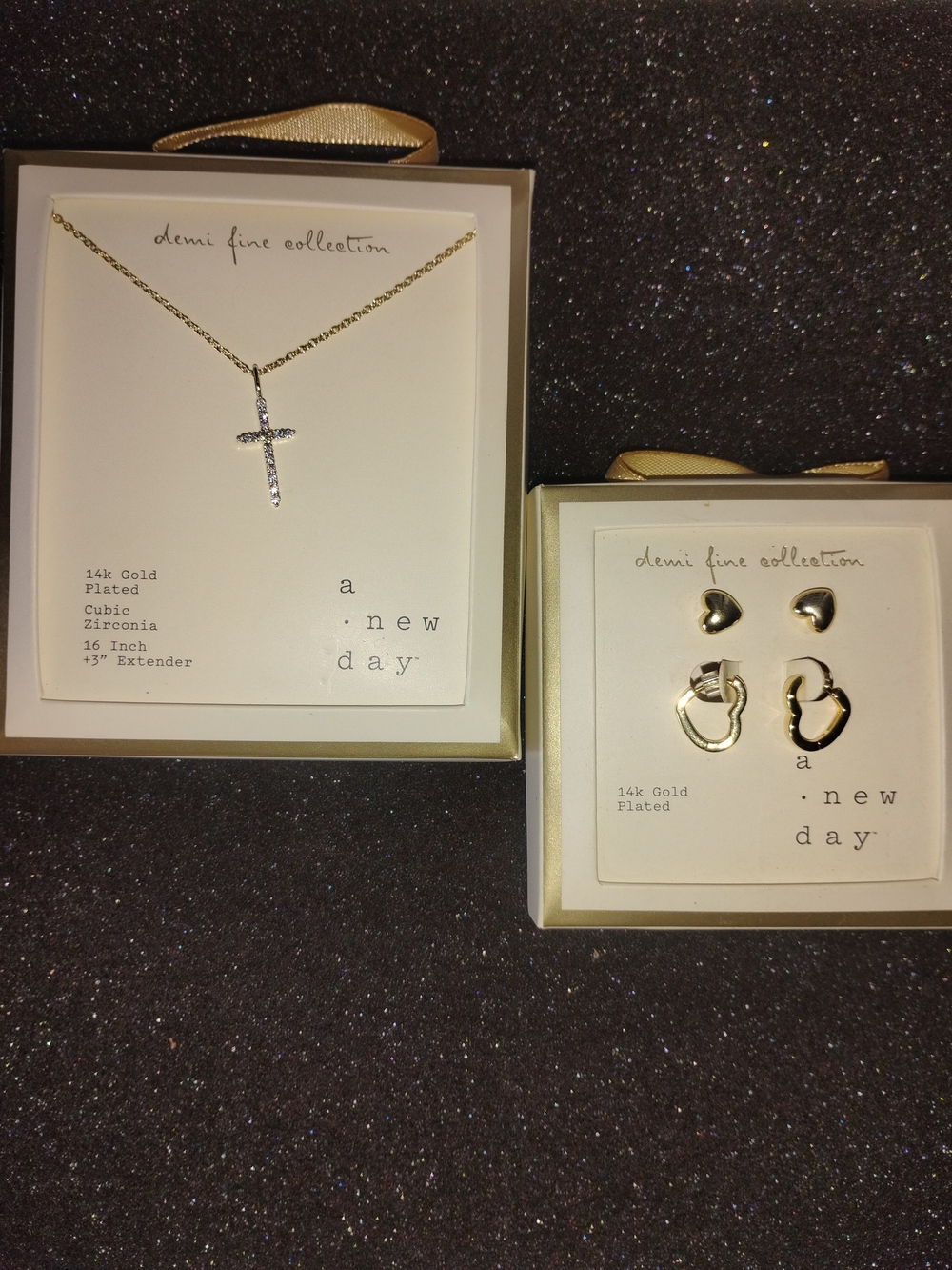 a new day Gold Cross Pendant Necklace with Matching Heart Hoop Earrings